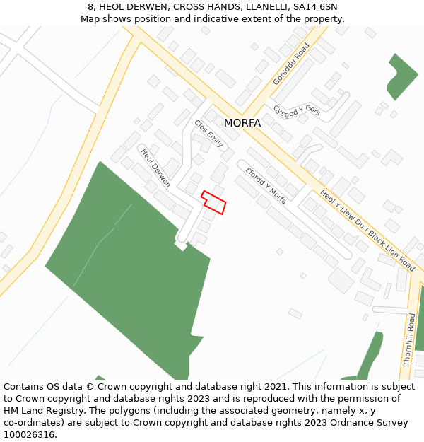 8, HEOL DERWEN, CROSS HANDS, LLANELLI, SA14 6SN: Location map and indicative extent of plot