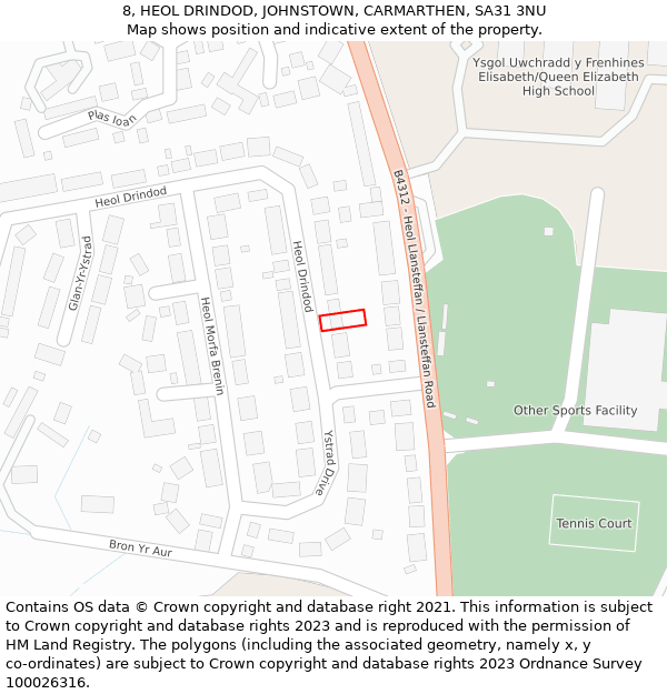 8, HEOL DRINDOD, JOHNSTOWN, CARMARTHEN, SA31 3NU: Location map and indicative extent of plot