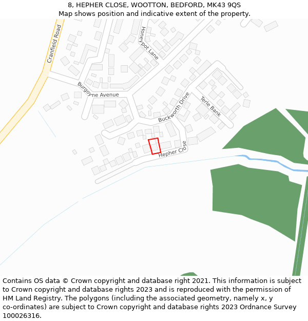 8, HEPHER CLOSE, WOOTTON, BEDFORD, MK43 9QS: Location map and indicative extent of plot