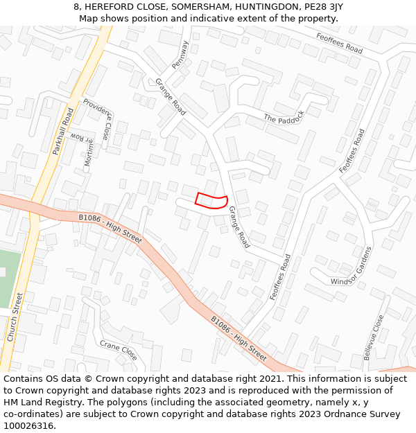 8, HEREFORD CLOSE, SOMERSHAM, HUNTINGDON, PE28 3JY: Location map and indicative extent of plot