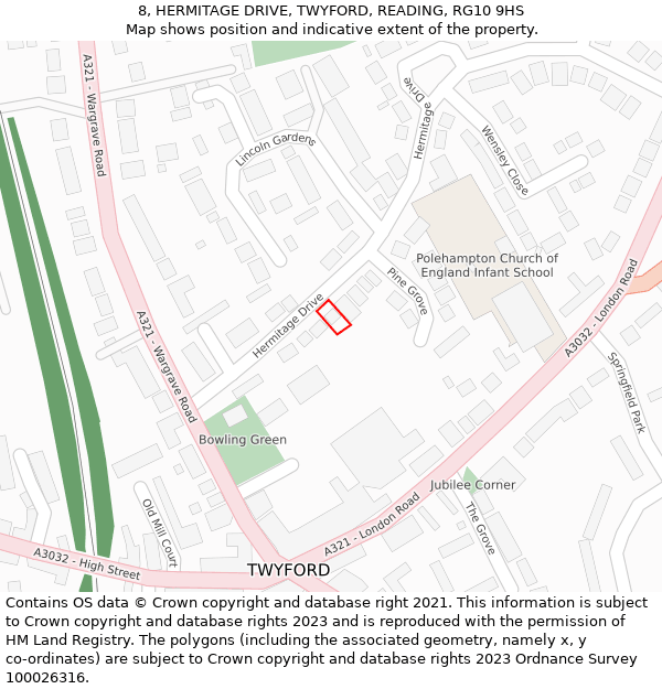 8, HERMITAGE DRIVE, TWYFORD, READING, RG10 9HS: Location map and indicative extent of plot