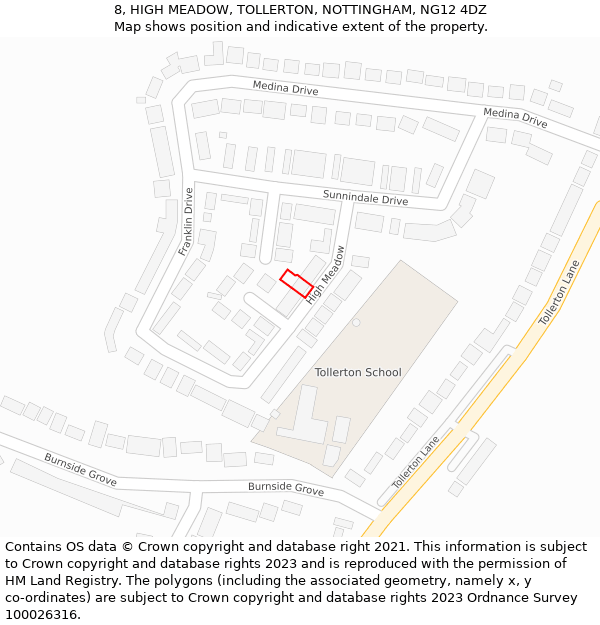 8, HIGH MEADOW, TOLLERTON, NOTTINGHAM, NG12 4DZ: Location map and indicative extent of plot