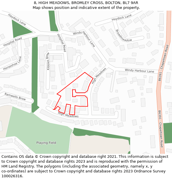 8, HIGH MEADOWS, BROMLEY CROSS, BOLTON, BL7 9AR: Location map and indicative extent of plot