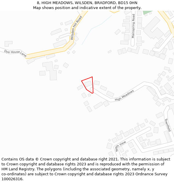 8, HIGH MEADOWS, WILSDEN, BRADFORD, BD15 0HN: Location map and indicative extent of plot