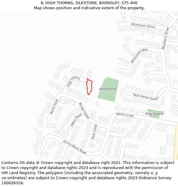 8, HIGH THORNS, SILKSTONE, BARNSLEY, S75 4HE: Location map and indicative extent of plot