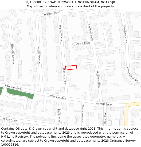 8, HIGHBURY ROAD, KEYWORTH, NOTTINGHAM, NG12 5JB: Location map and indicative extent of plot