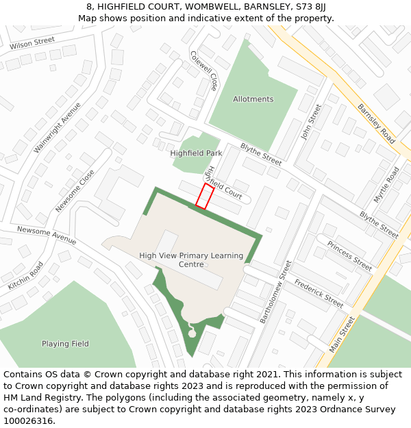 8, HIGHFIELD COURT, WOMBWELL, BARNSLEY, S73 8JJ: Location map and indicative extent of plot