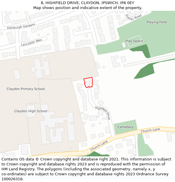 8, HIGHFIELD DRIVE, CLAYDON, IPSWICH, IP6 0EY: Location map and indicative extent of plot