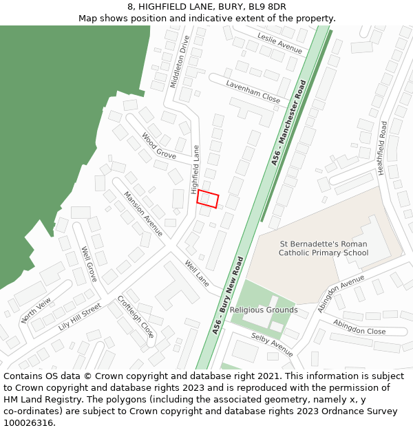 8, HIGHFIELD LANE, BURY, BL9 8DR: Location map and indicative extent of plot