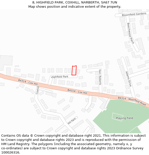 8, HIGHFIELD PARK, COXHILL, NARBERTH, SA67 7UN: Location map and indicative extent of plot