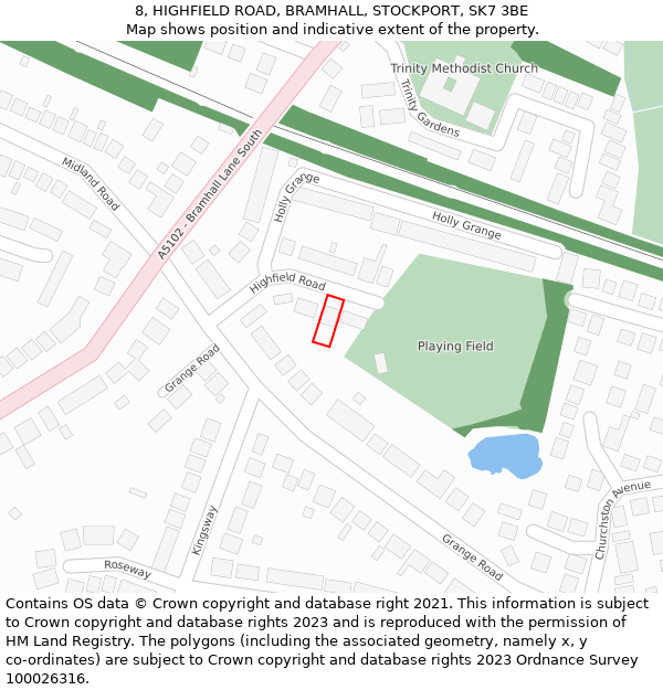 8, HIGHFIELD ROAD, BRAMHALL, STOCKPORT, SK7 3BE: Location map and indicative extent of plot