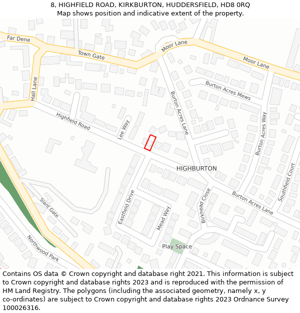 8, HIGHFIELD ROAD, KIRKBURTON, HUDDERSFIELD, HD8 0RQ: Location map and indicative extent of plot