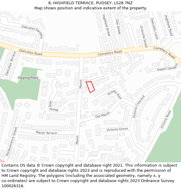 8, HIGHFIELD TERRACE, PUDSEY, LS28 7NZ: Location map and indicative extent of plot