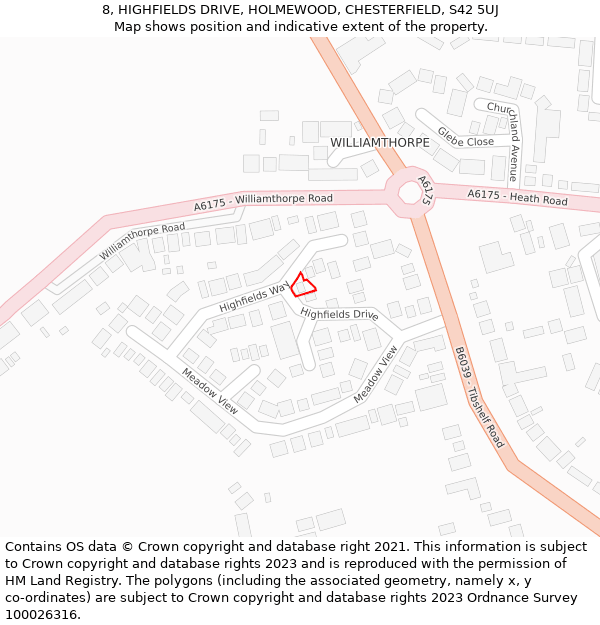 8, HIGHFIELDS DRIVE, HOLMEWOOD, CHESTERFIELD, S42 5UJ: Location map and indicative extent of plot