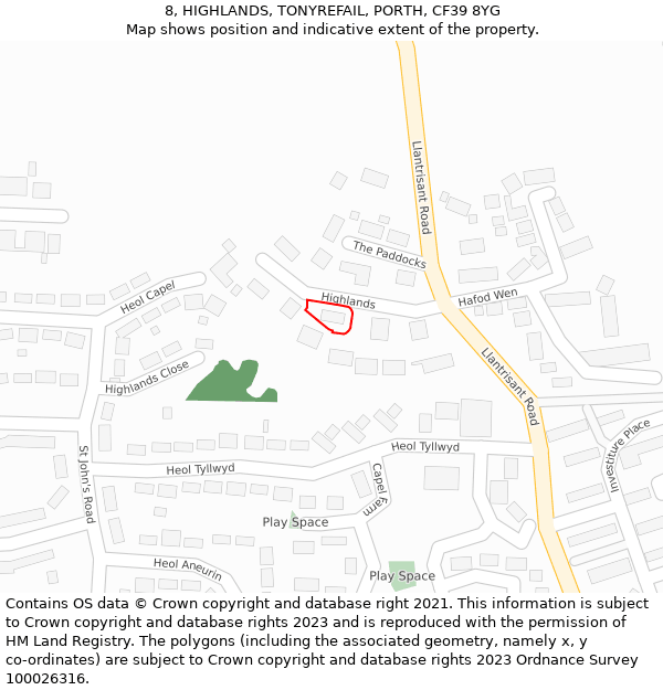 8, HIGHLANDS, TONYREFAIL, PORTH, CF39 8YG: Location map and indicative extent of plot