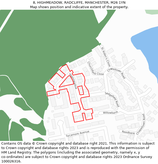 8, HIGHMEADOW, RADCLIFFE, MANCHESTER, M26 1YN: Location map and indicative extent of plot
