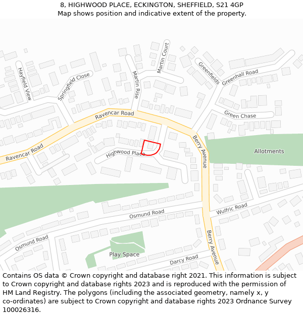 8, HIGHWOOD PLACE, ECKINGTON, SHEFFIELD, S21 4GP: Location map and indicative extent of plot