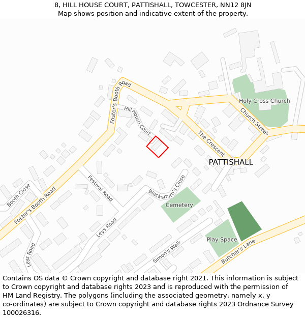 8, HILL HOUSE COURT, PATTISHALL, TOWCESTER, NN12 8JN: Location map and indicative extent of plot