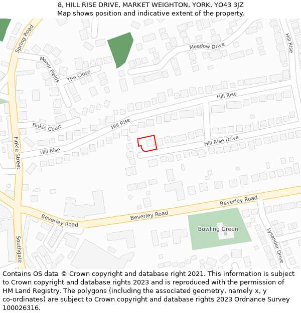 8, HILL RISE DRIVE, MARKET WEIGHTON, YORK, YO43 3JZ: Location map and indicative extent of plot