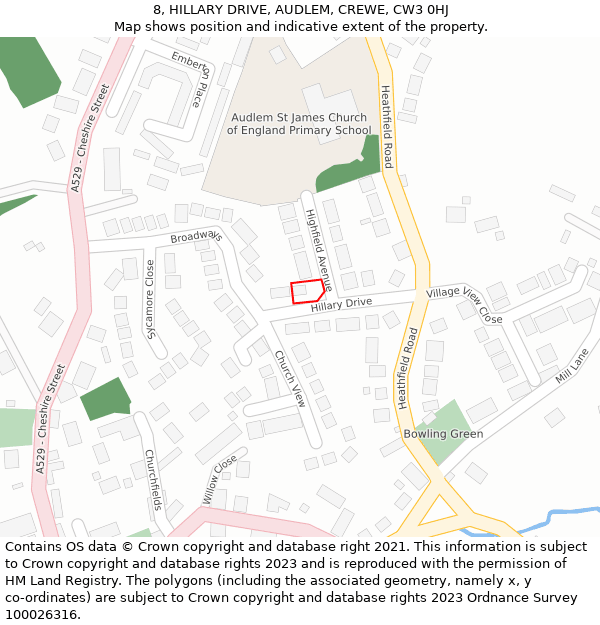 8, HILLARY DRIVE, AUDLEM, CREWE, CW3 0HJ: Location map and indicative extent of plot