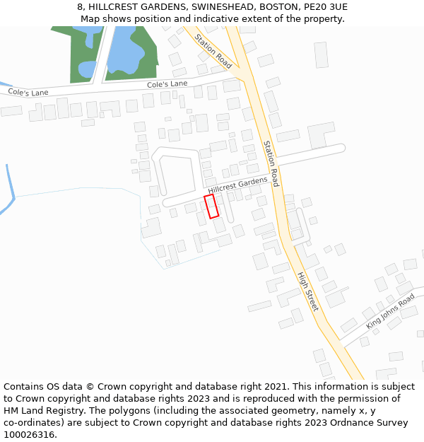 8, HILLCREST GARDENS, SWINESHEAD, BOSTON, PE20 3UE: Location map and indicative extent of plot