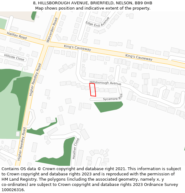 8, HILLSBOROUGH AVENUE, BRIERFIELD, NELSON, BB9 0HB: Location map and indicative extent of plot