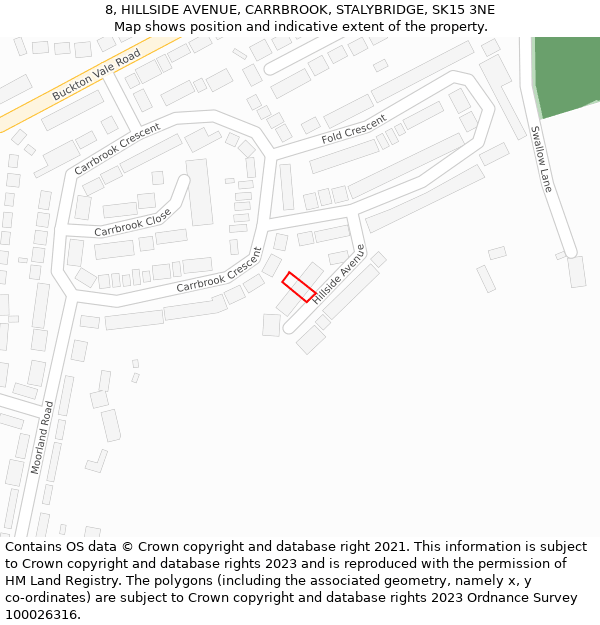 8, HILLSIDE AVENUE, CARRBROOK, STALYBRIDGE, SK15 3NE: Location map and indicative extent of plot