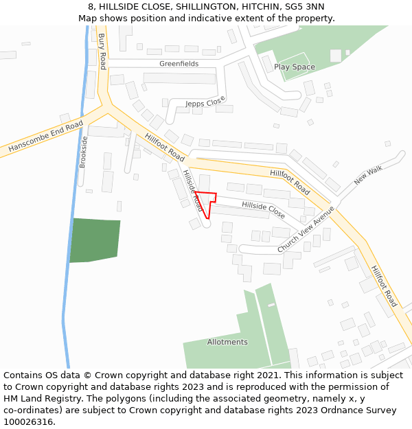 8, HILLSIDE CLOSE, SHILLINGTON, HITCHIN, SG5 3NN: Location map and indicative extent of plot