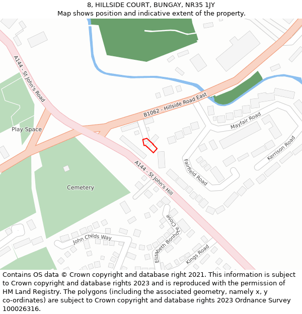 8, HILLSIDE COURT, BUNGAY, NR35 1JY: Location map and indicative extent of plot