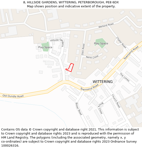 8, HILLSIDE GARDENS, WITTERING, PETERBOROUGH, PE8 6DX: Location map and indicative extent of plot