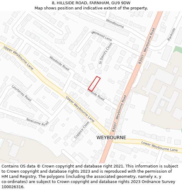 8, HILLSIDE ROAD, FARNHAM, GU9 9DW: Location map and indicative extent of plot