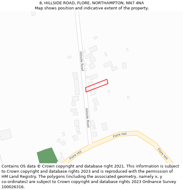 8, HILLSIDE ROAD, FLORE, NORTHAMPTON, NN7 4NA: Location map and indicative extent of plot