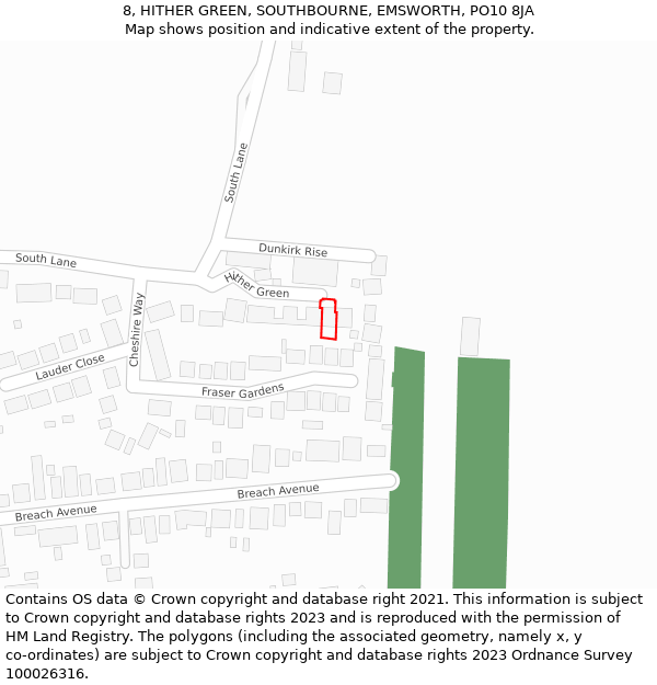 8, HITHER GREEN, SOUTHBOURNE, EMSWORTH, PO10 8JA: Location map and indicative extent of plot