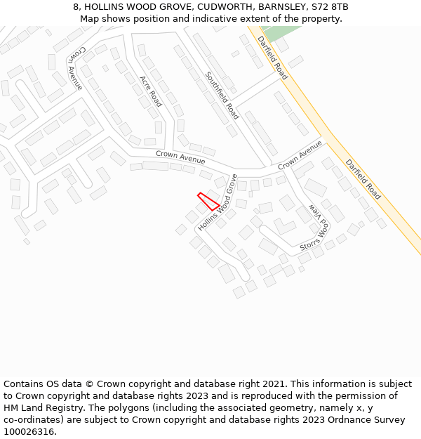 8, HOLLINS WOOD GROVE, CUDWORTH, BARNSLEY, S72 8TB: Location map and indicative extent of plot