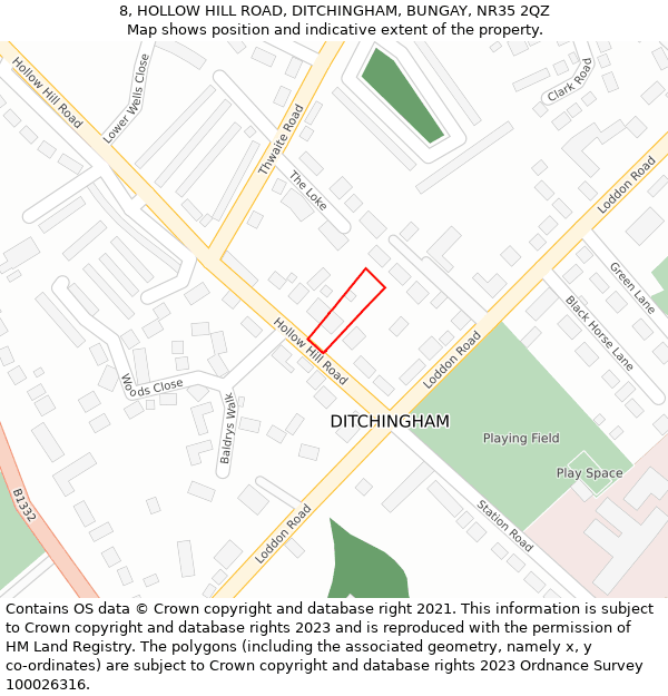 8, HOLLOW HILL ROAD, DITCHINGHAM, BUNGAY, NR35 2QZ: Location map and indicative extent of plot