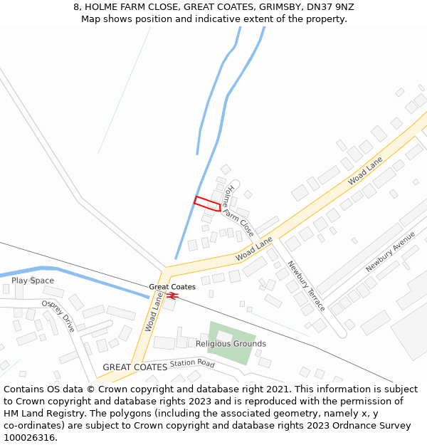 8, HOLME FARM CLOSE, GREAT COATES, GRIMSBY, DN37 9NZ: Location map and indicative extent of plot