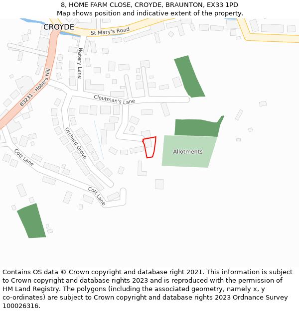 8, HOME FARM CLOSE, CROYDE, BRAUNTON, EX33 1PD: Location map and indicative extent of plot