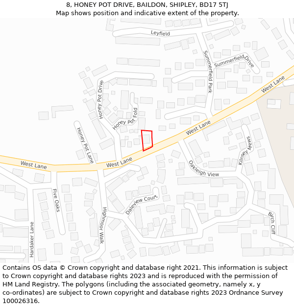 8, HONEY POT DRIVE, BAILDON, SHIPLEY, BD17 5TJ: Location map and indicative extent of plot