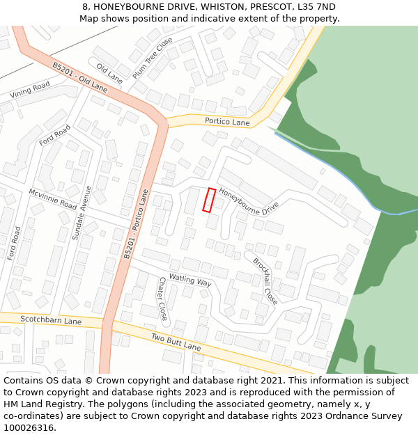 8, HONEYBOURNE DRIVE, WHISTON, PRESCOT, L35 7ND: Location map and indicative extent of plot