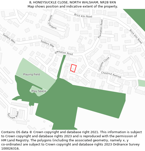 8, HONEYSUCKLE CLOSE, NORTH WALSHAM, NR28 9XN: Location map and indicative extent of plot