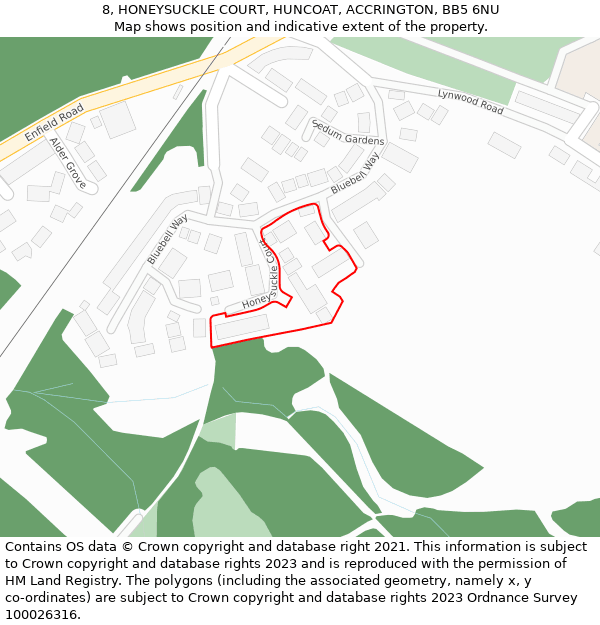 8, HONEYSUCKLE COURT, HUNCOAT, ACCRINGTON, BB5 6NU: Location map and indicative extent of plot