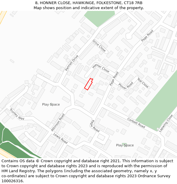 8, HONNER CLOSE, HAWKINGE, FOLKESTONE, CT18 7RB: Location map and indicative extent of plot