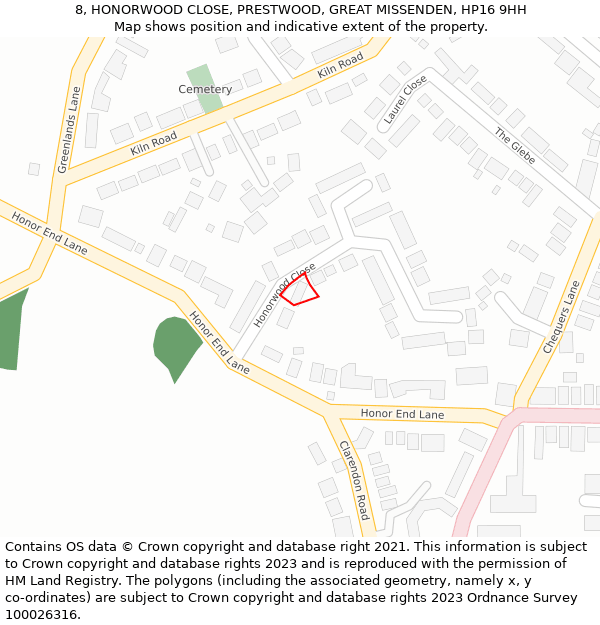 8, HONORWOOD CLOSE, PRESTWOOD, GREAT MISSENDEN, HP16 9HH: Location map and indicative extent of plot