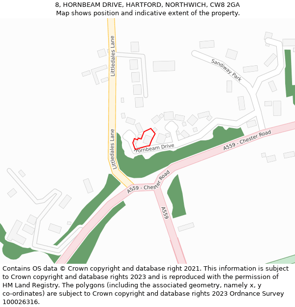 8, HORNBEAM DRIVE, HARTFORD, NORTHWICH, CW8 2GA: Location map and indicative extent of plot