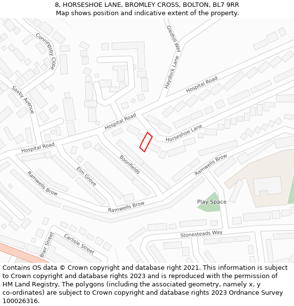 8, HORSESHOE LANE, BROMLEY CROSS, BOLTON, BL7 9RR: Location map and indicative extent of plot