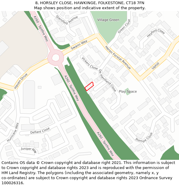 8, HORSLEY CLOSE, HAWKINGE, FOLKESTONE, CT18 7FN: Location map and indicative extent of plot