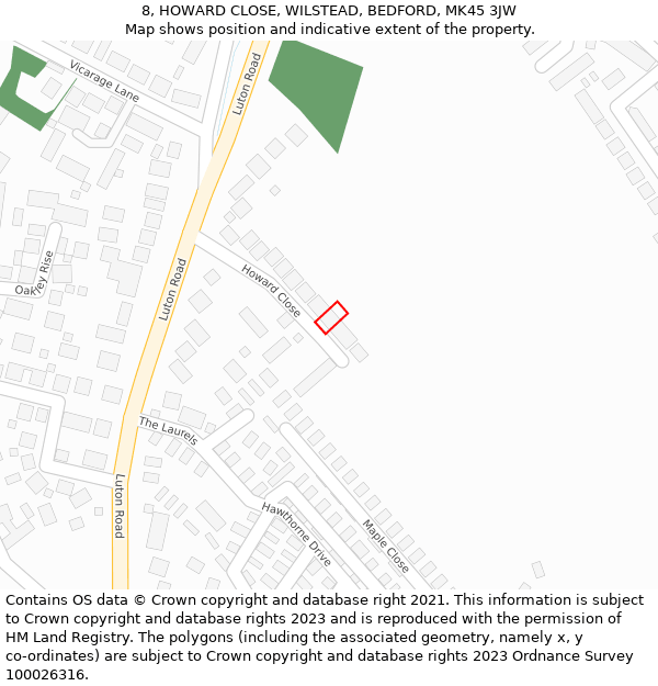 8, HOWARD CLOSE, WILSTEAD, BEDFORD, MK45 3JW: Location map and indicative extent of plot