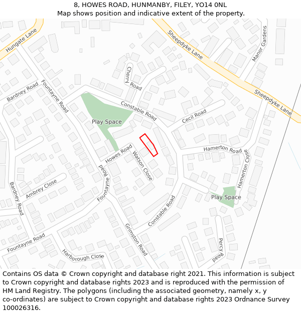 8, HOWES ROAD, HUNMANBY, FILEY, YO14 0NL: Location map and indicative extent of plot