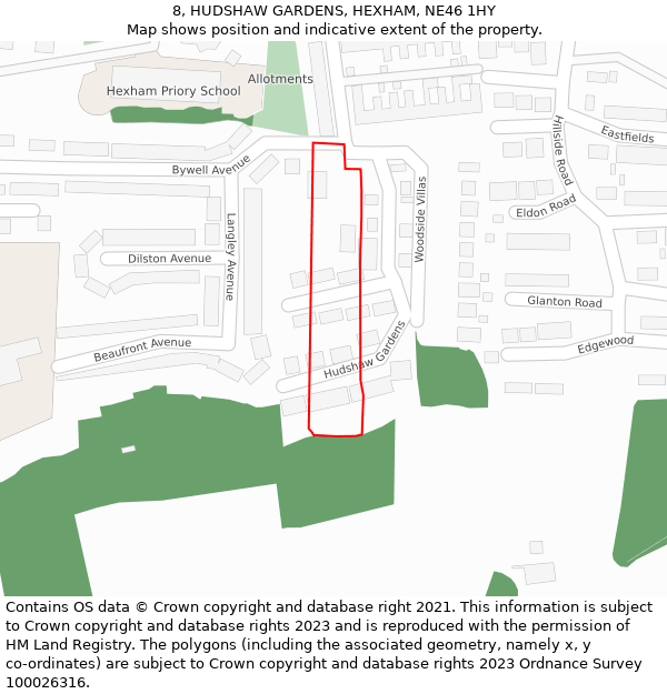 8, HUDSHAW GARDENS, HEXHAM, NE46 1HY: Location map and indicative extent of plot