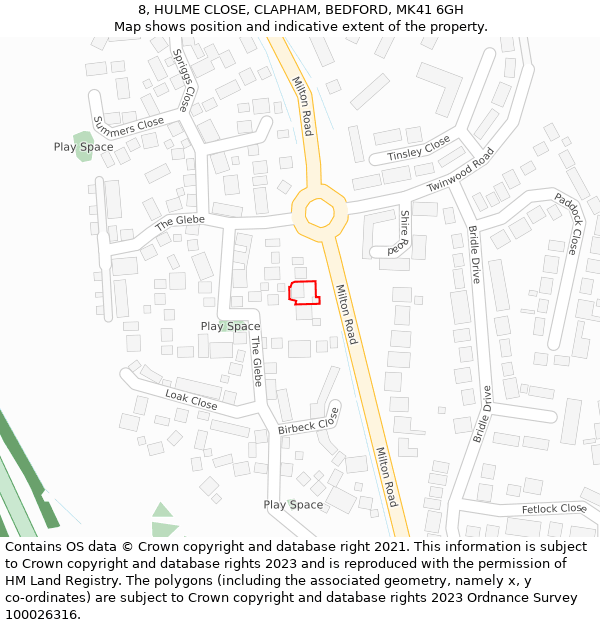 8, HULME CLOSE, CLAPHAM, BEDFORD, MK41 6GH: Location map and indicative extent of plot